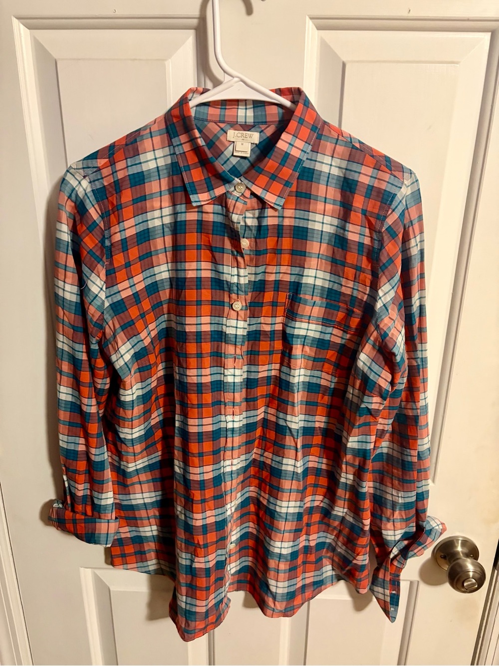 J. Crew Orange and Blue Plaid Cotton Button-Down Shirt